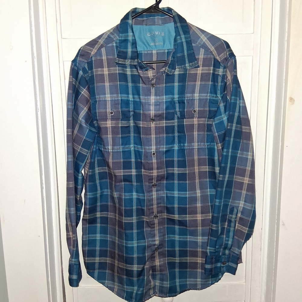 Orvis Teal and Brown Plaid Flannel Casual Shirt
